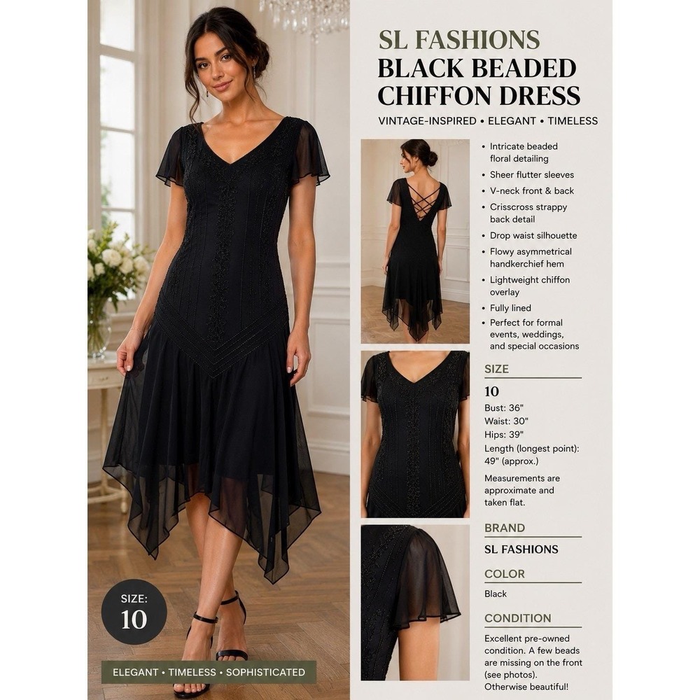SL Fashions Black Beaded Chiffon Midi Maxi Dress Size 10 Elegant Formal Evening